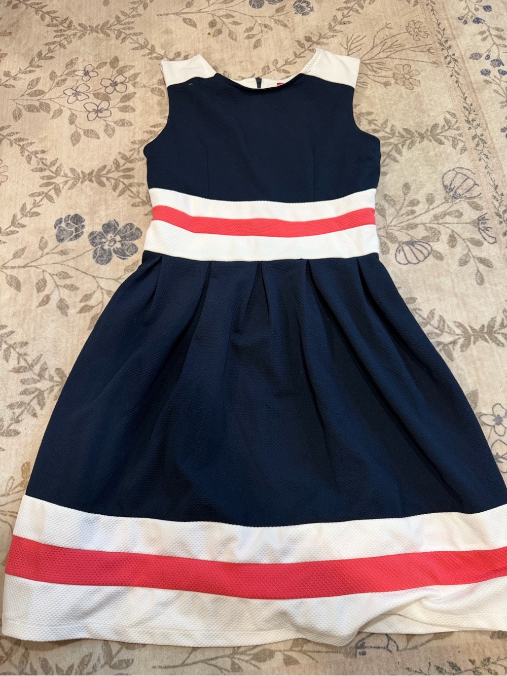 Sleeveless Navy Midi Dress with White and Coral Stripe